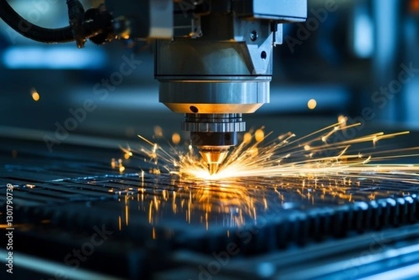 Fototapeta Dynamic close up of an industrial laser machine crafting intricate patterns on metal plates
