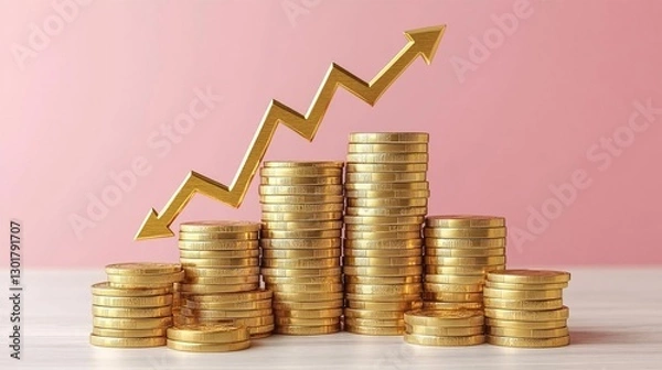 Fototapeta Stacked golden coins with an upward arrow on a soft pink background indicating financial growth