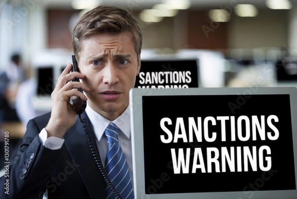 Fototapeta Professional man receives urgent sanctions warning while on phone in a modern office environment