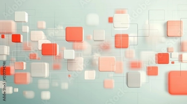 Fototapeta Abstract composition of floating red and white squares with geometric lines in a soft gradient background, evoking modern digital aesthetics