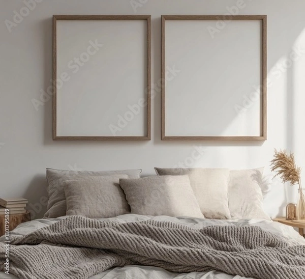 Fototapeta Two empty frames above a bed with beige linens.