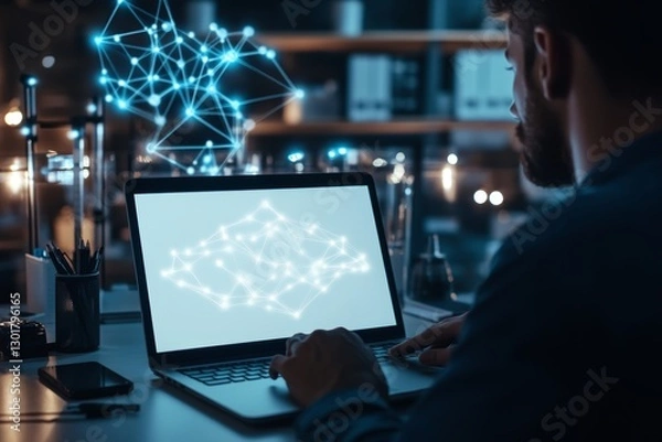 Fototapeta Professional man working in an office with laptop, notebook, and smartphone on a desk