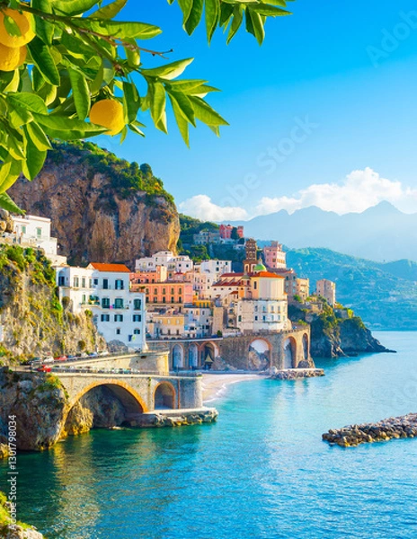 Obraz Beautiful view of Amalfi on the Mediterranean coast with lemons in the foreground, Italy