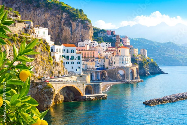 Obraz Beautiful view of Amalfi on the Mediterranean coast with lemons in the foreground, Italy