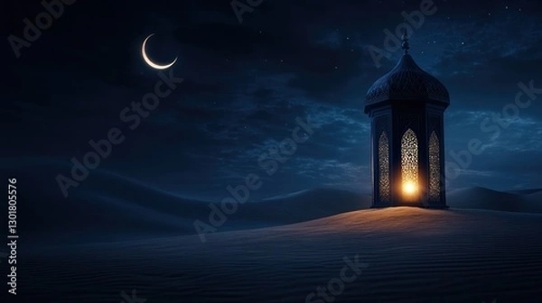 Fototapeta traditional ramadan lantern on desert sand under crescent moon.