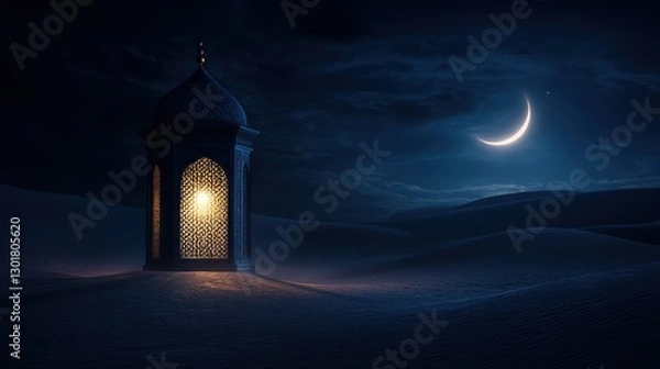 Fototapeta ramadan kareem lantern in desert with crescent moon at night