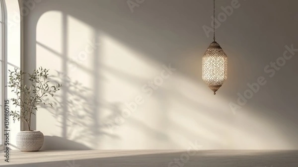 Fototapeta minimal interior with traditional oriental lantern and sunlight