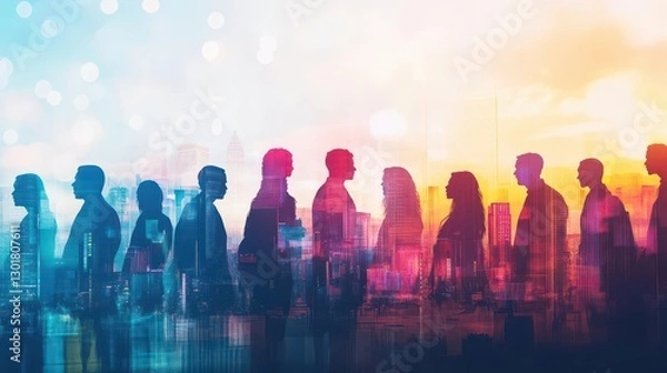 Fototapeta Silhouettes of Diverse People Against a Vibrant City Skyline at Dusk Creating a Sense of Community and Urban Life in a Modern Metropolis