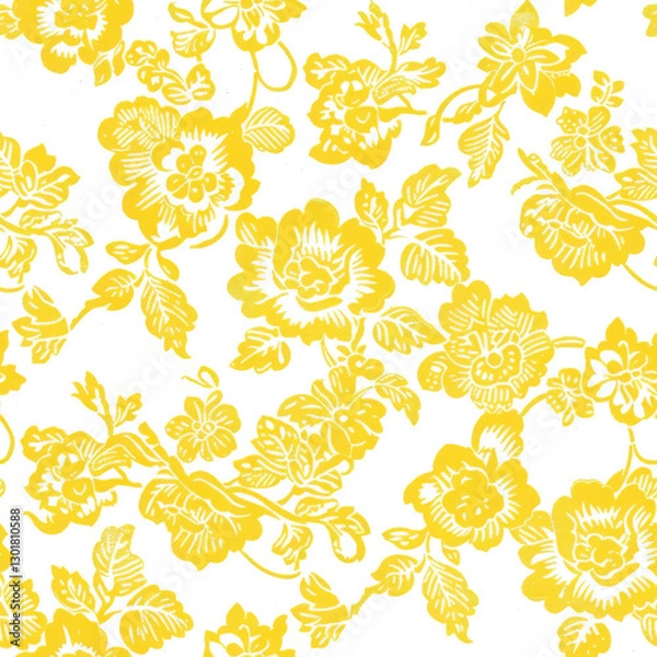Fototapeta Bright yellow floral pattern on white background, featuring intricate flowers and leaves, perfect for fabric or wallpaper design
