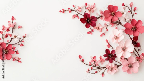 Fototapeta Beautiful arrangement of pink and red flowers on light background, creating vibrant and cheerful atmosphere. Perfect for spring themes and floral designs