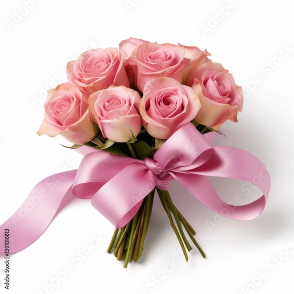Fototapeta beautiful bouquet of pink roses tied with satin ribbon, perfect for expressing love and appreciation. This elegant arrangement adds touch of romance to any occasion