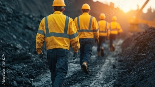 Fototapeta Workers in Safety Gear Walking Along a Construction Site Pathway