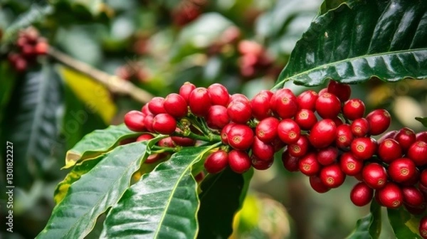 Obraz Red coffee cherries ripening on a lush plant in a tropical environment during daytime