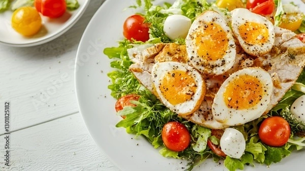 Fototapeta Healthy Chicken Salad with Soft Boiled Eggs and Cherry Tomatoes