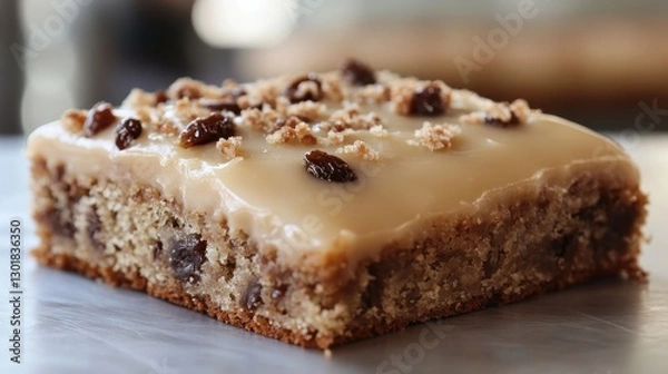 Fototapeta Delicious homemade cake topped with creamy caramel frosting and decorated with raisins.