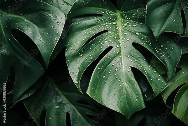 Fototapeta Closeup of Lush Tropical Leaves with Water Drops