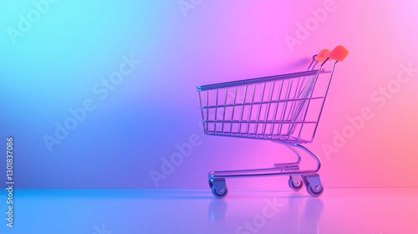 Obraz The glowing neon light shopping cart stands out on a soft pastel gradient backdrop, representing a vibrant online store experience.