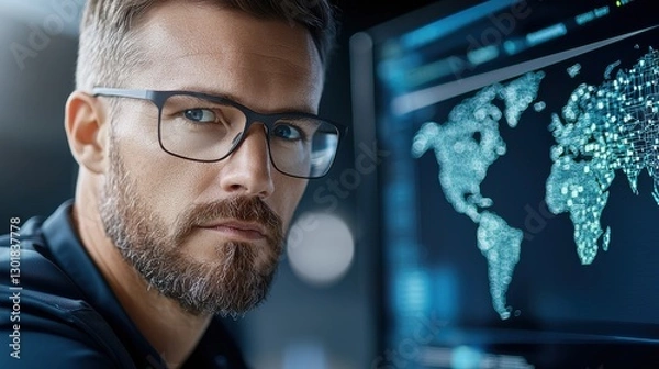 Fototapeta Military Intelligence Professional in Modern Workspace