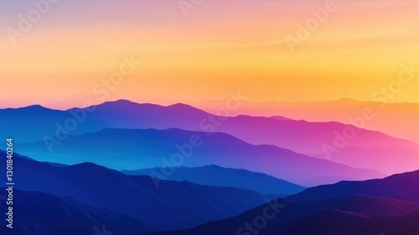 Obraz A stunning view of rolling mountain silhouettes under a colorful, gradient sunset sky. Perfect for travel, inspiration, and nature themes