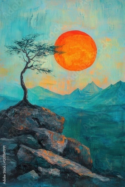 Fototapeta Lonely tree growing on rocks with big sun and mountains in background painting