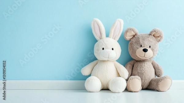 Fototapeta Wall mock up with plush toys and with space for text or design