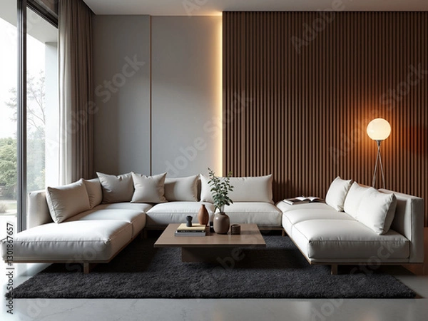 Fototapeta Modern living room design cozy home interior furniture minimalist aesthetics bright environment