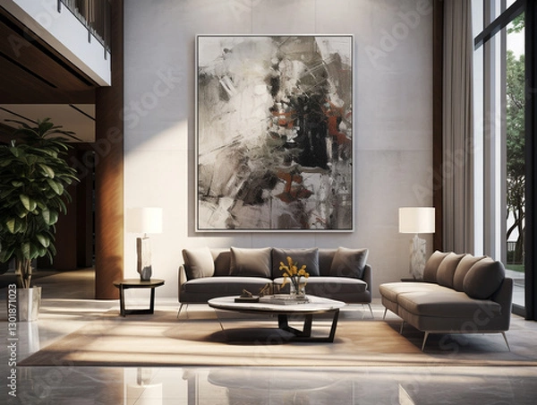 Fototapeta Interior design of modern hotel lobby with a large square photograph on wall. 