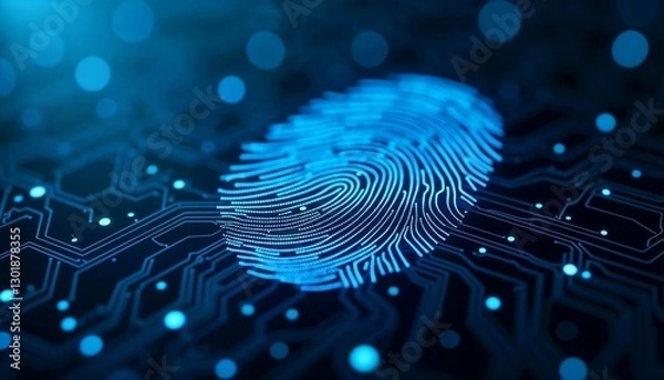 Fototapeta Glowing blue digital fingerprint on a dark blue circuit board, representing technology and biometric security