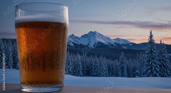 Fototapeta Enjoying Refreshing Beer with Snowy Mountain View at Beautiful Sunset