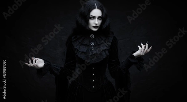 Fototapeta Woman in dark attire stands with outstretched hands Halloween concept