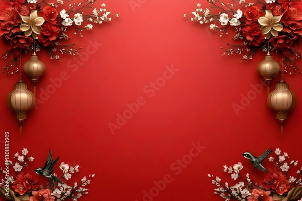 Fototapeta 3D Illustration Red Background Flowers Lanterns Birds Festive Decor