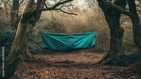 Fototapeta A lightweight tarpaulin stretched over a rope between two trees in the woods.