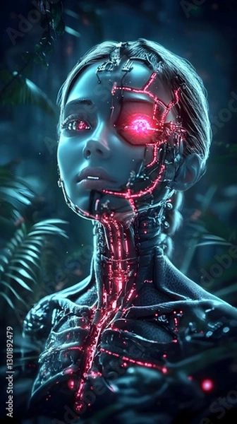 Fototapeta 3D Illustration Cyborg Jungle Fantasy Futuristic Technology Woman AI Robot Science Fiction