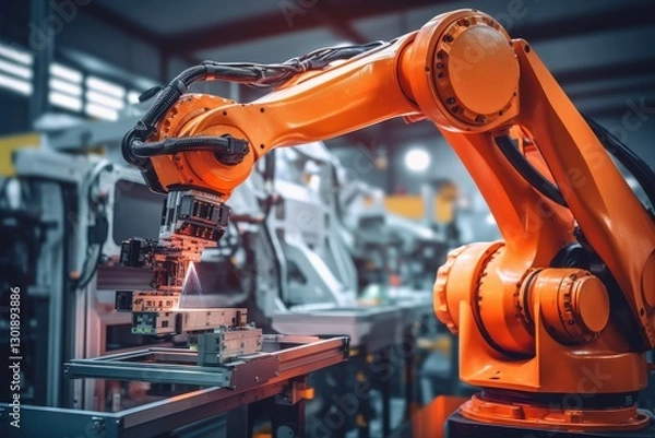 Fototapeta Industrial robotic arm assembling electronic components in a high-tech manufacturing facility