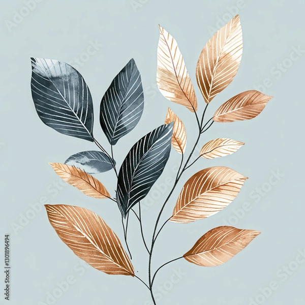 Fototapeta Elegant botanical illustration featuring leaves in gold and teal tones, showcasing intricate details and modern aesthetic. Perfect for home decor or design projects
