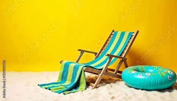 Fototapeta Beach chair with striped cover and towel, turquoise inflatable ring with palm trees and floral prints lies on sandy ground, composition on bright yellow background. Summer vacation concept