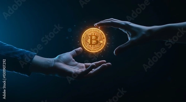 Fototapeta Hand Passing Bitcoin Cryptocurrency Coin Digital Currency Concept on Dark Background