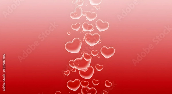 Fototapeta Romantic red gradient background with floating glass hearts love card pink on transparent background