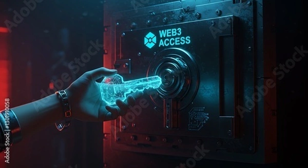 Fototapeta Hand Holding Digital Key to Web3 Access on Futuristic Safe