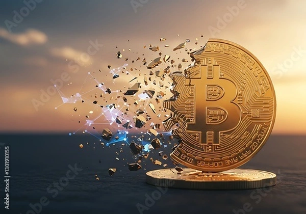 Fototapeta Breaking Bitcoin Conceptual Golden Coin with Network Connection at Sunset