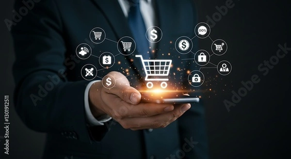 Fototapeta Online Shopping Using Mobile Phone Shows Modern Digital Business