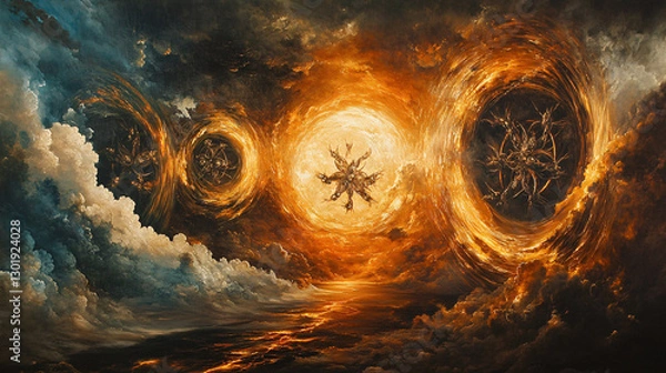 Fototapeta Celestial Wheels: Ezekiel's Vision of Glowing Beings Amidst Whirlwind of Amber Fire and Stormy Skies