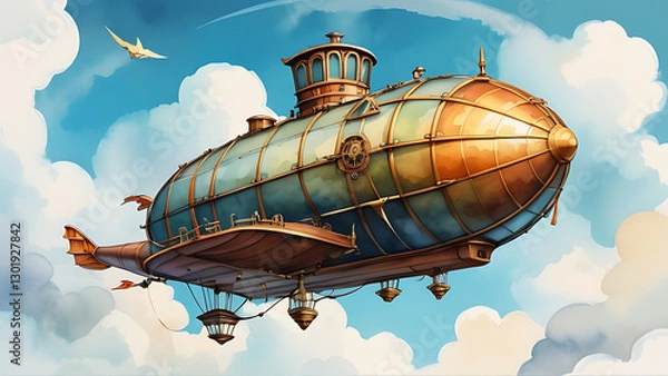 Fototapeta Vintage Airship Flying Through Cloudy Sky With Bird Illustration Art