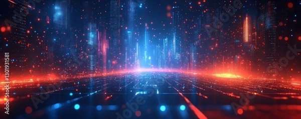 Obraz Digital Cityscape Red & Blue Data Flow