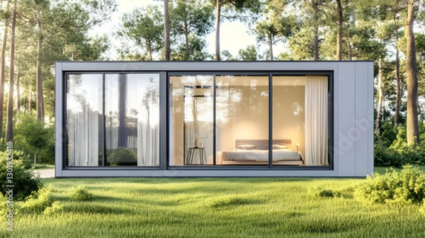 Obraz 3D Illustration Modern House Forest Architecture Home Design Nature Building Exterior Grass Trees Landscape Cabin
