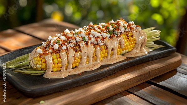 Fototapeta Elote Asado A Grilled Corn On The Cob, Generously Drizzled With Creamy Chipotle Sauce, Sprinkled With Cotija Cheese And Chili Powder, Served On A Rustic Slate Platter, Bathed In Warm Sunlight