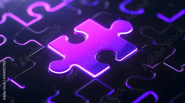 Obraz Glowing Purple Puzzle Piece on a Dark Background with Neon Effect