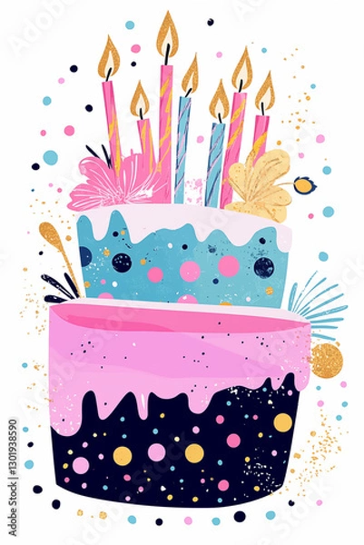 Obraz A vibrant and playful illustration of a birthday cake with colorful candles, abstract decorations, and festive splashes of gold. The bright greeting card isolated on white background
