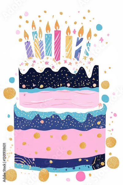 Obraz A vibrant and playful illustration of a birthday cake with colorful candles, abstract decorations, and festive splashes of gold. The bright greeting card isolated on white background