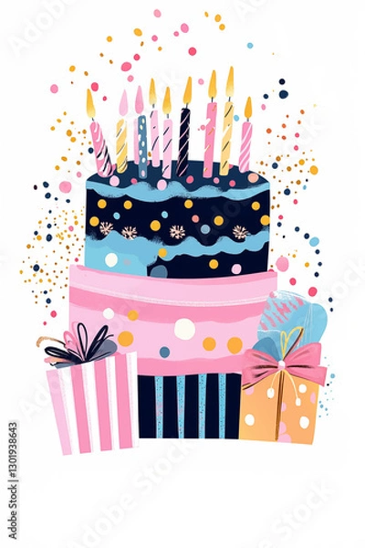 Obraz A vibrant and playful illustration of a birthday cake and gift box with colorful candles, abstract decorations, and festive splashes of gold. The bright greeting card isolated on white background